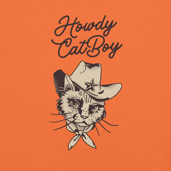 Close-up of orange Milk Sandwich T-shirt with Howdy CatBoy text and detailed illustration of a cowboy cat wearing a hat and bandana.
