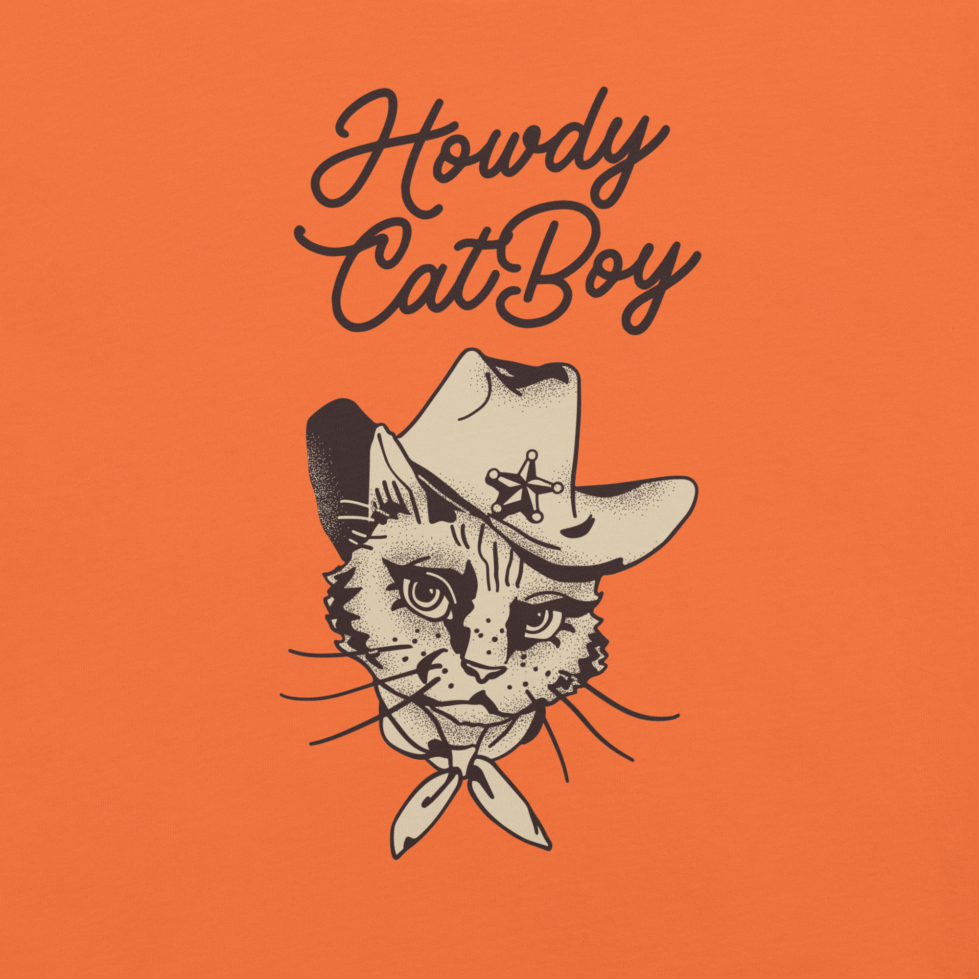 Close-up of orange Milk Sandwich T-shirt with Howdy CatBoy text and detailed illustration of a cowboy cat wearing a hat and bandana.