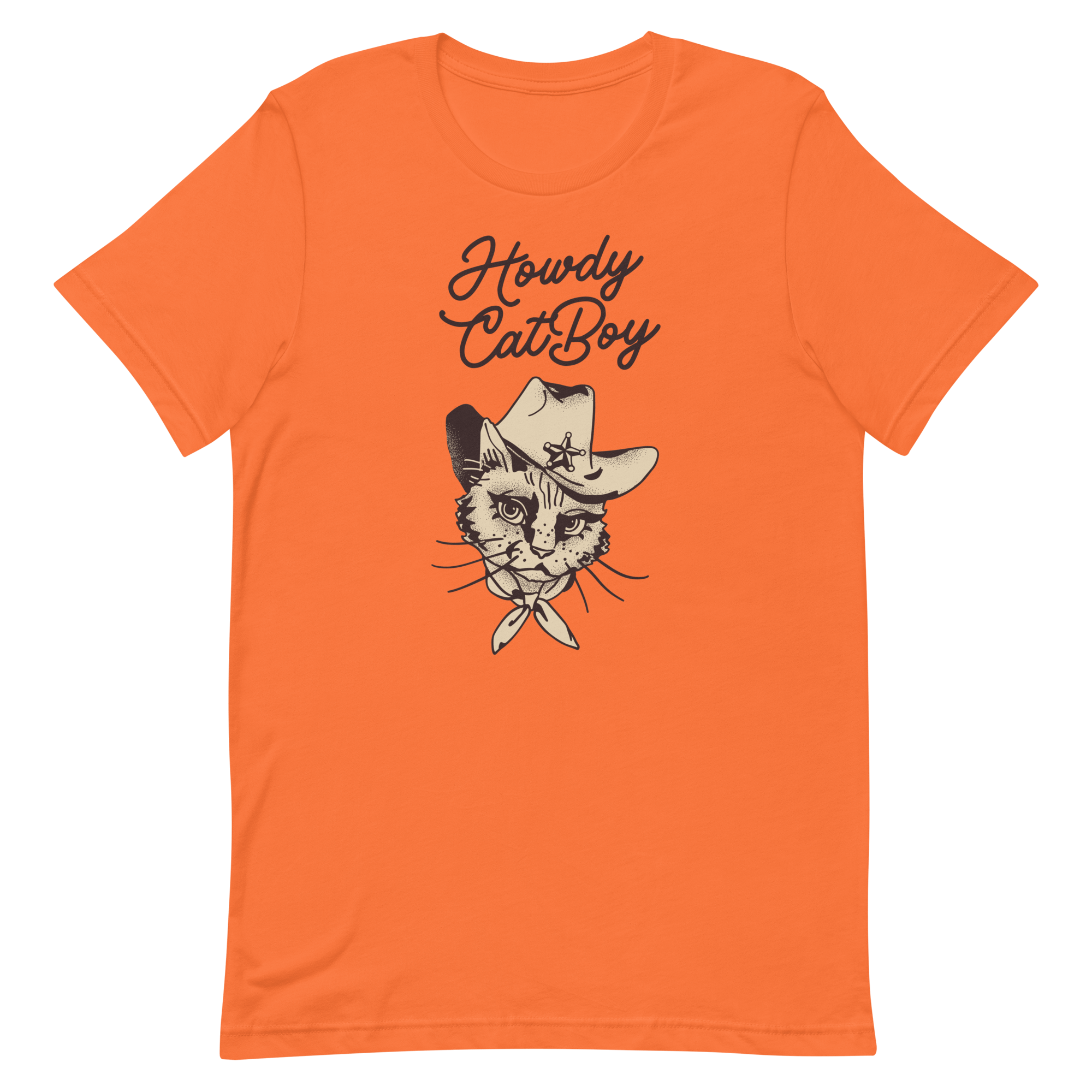 Flat lay of orange Milk Sandwich T-shirt featuring Howdy CatBoy text and a vintage-style cowboy cat graphic with hat and bandana on white background