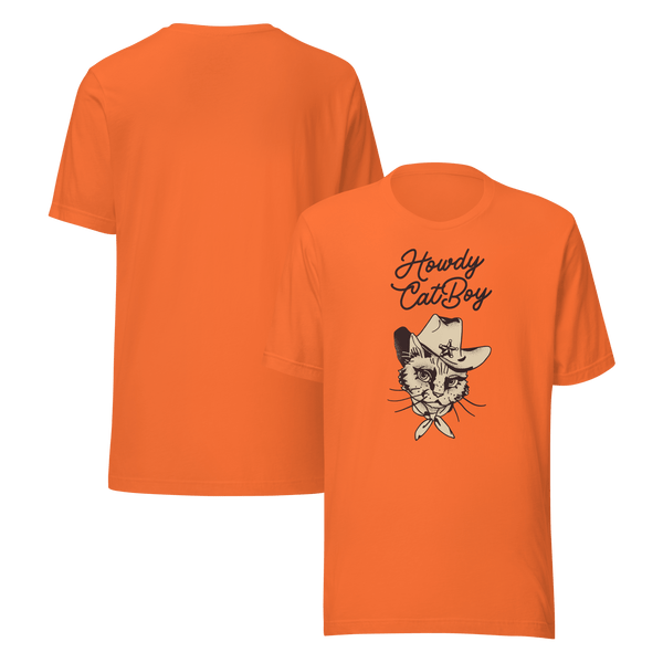 Front and back view of orange Milk Sandwich T-shirt featuring Howdy CatBoy text and illustrated cowboy cat graphic, unisex novelty tee on white background