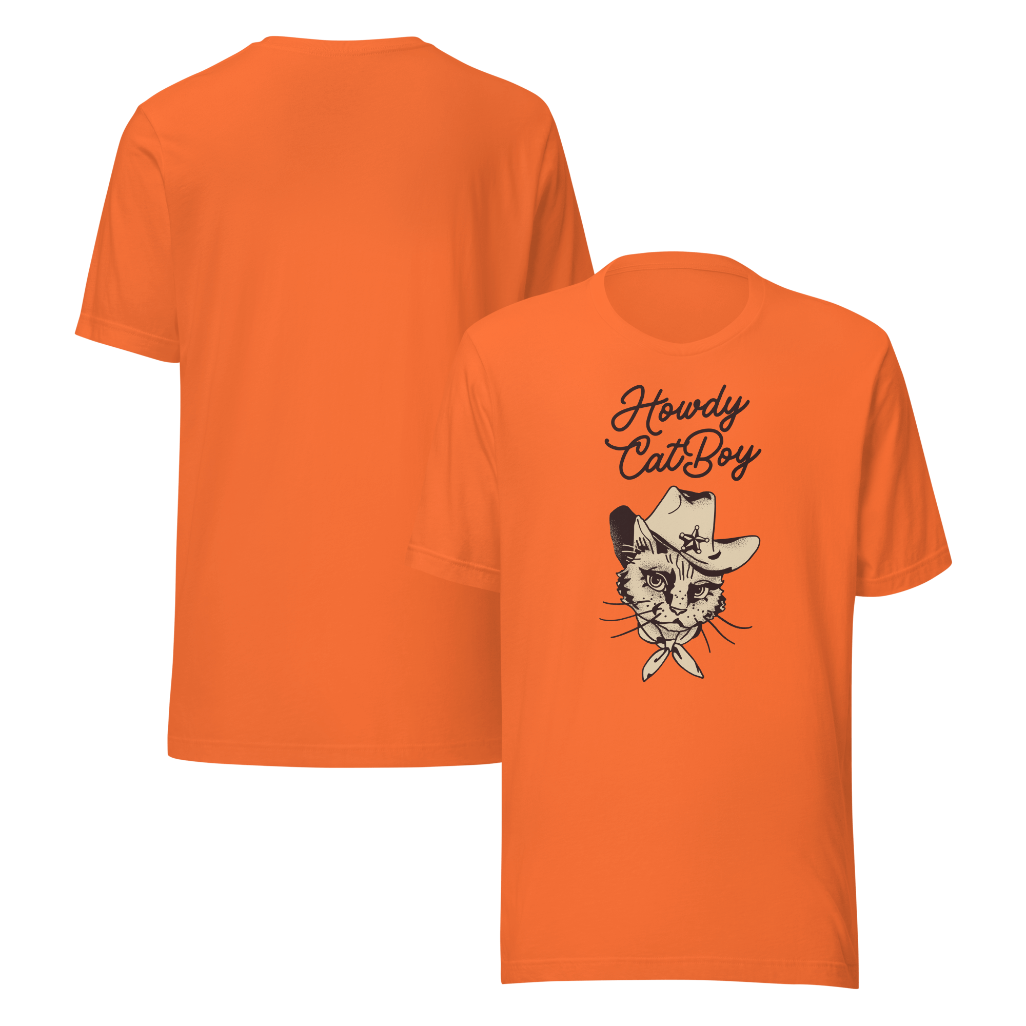 Front and back view of orange Milk Sandwich T-shirt featuring Howdy CatBoy text and illustrated cowboy cat graphic, unisex novelty tee on white background