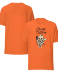 Front and back view of orange Milk Sandwich T-shirt featuring Howdy CatBoy text and illustrated cowboy cat graphic, unisex novelty tee on white background