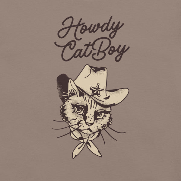 Close-up of pebble Milk Sandwich T-shirt with Howdy CatBoy text and detailed illustration of a cowboy cat wearing a hat and bandana.