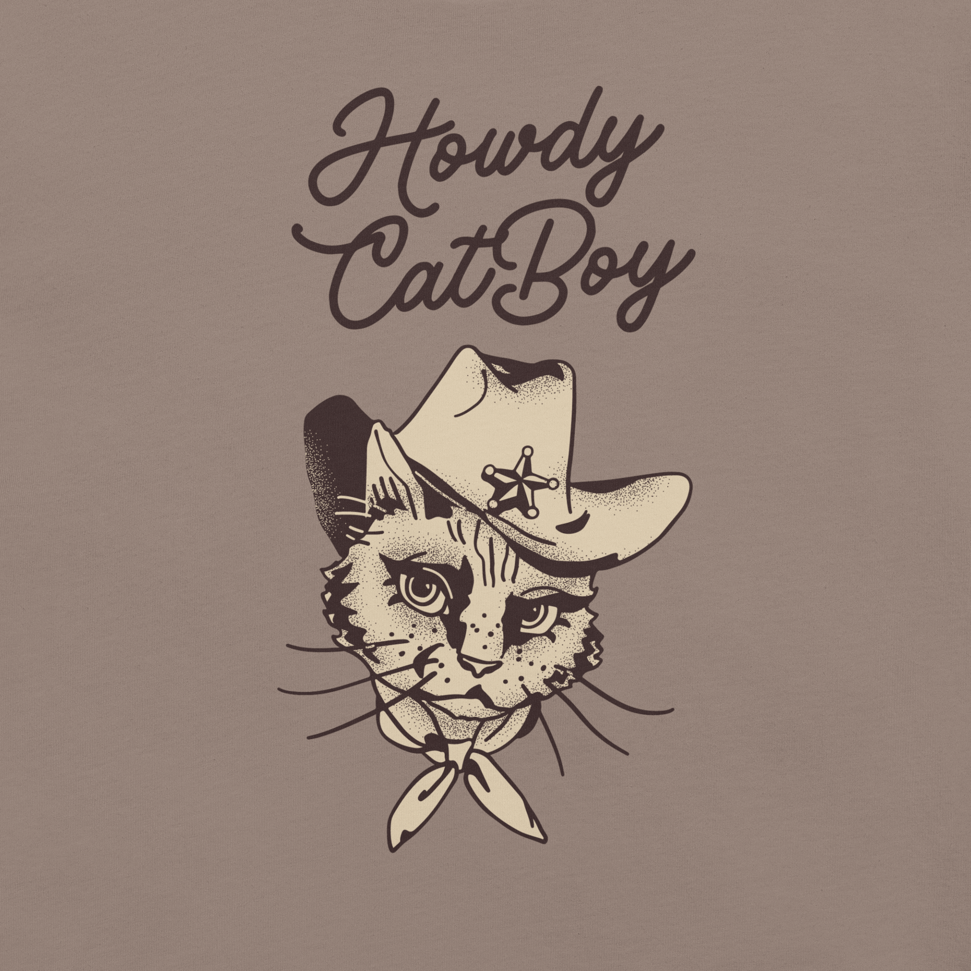Close-up of pebble Milk Sandwich T-shirt with Howdy CatBoy text and detailed illustration of a cowboy cat wearing a hat and bandana.