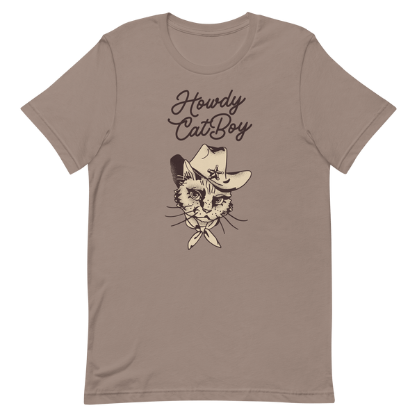 Flat lay of pebble Milk Sandwich T-shirt featuring Howdy CatBoy text and a vintage-style cowboy cat graphic with hat and bandana on white background