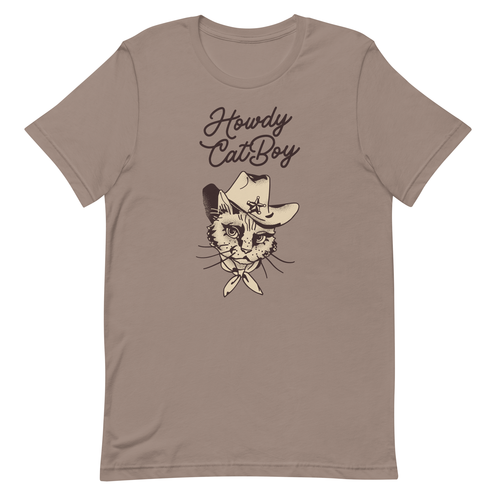 Flat lay of pebble Milk Sandwich T-shirt featuring Howdy CatBoy text and a vintage-style cowboy cat graphic with hat and bandana on white background