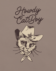 Close-up of pebble Milk Sandwich T-shirt with Howdy CatBoy text and detailed illustration of a cowboy cat wearing a hat and bandana.