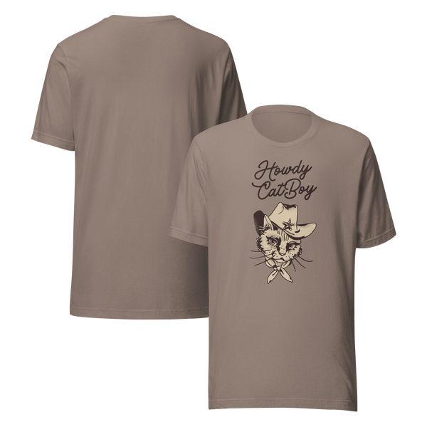 Front and back view of pebble Milk Sandwich T-shirt featuring Howdy CatBoy text and illustrated cowboy cat graphic, unisex novelty tee on white background