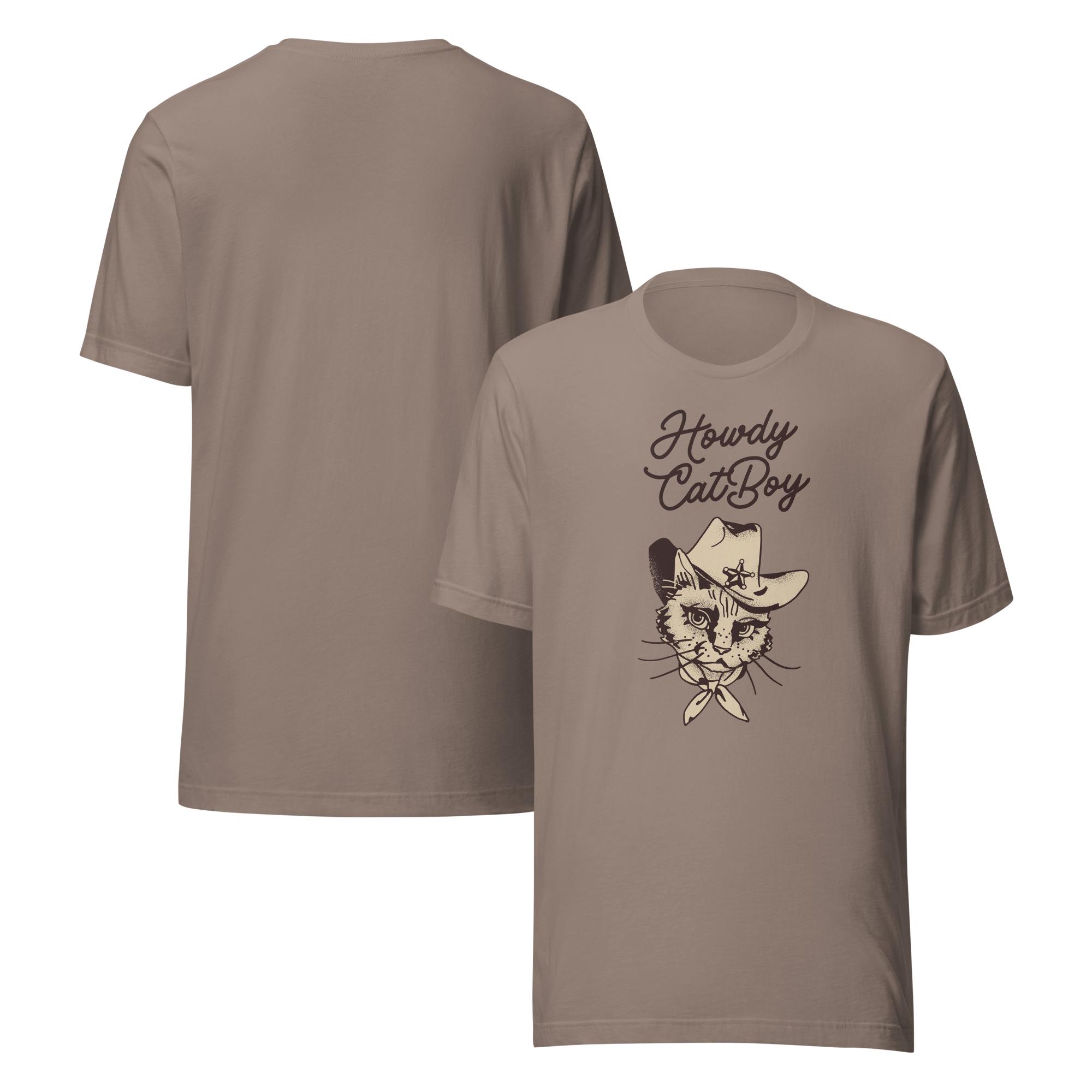 Front and back view of pebble Milk Sandwich T-shirt featuring Howdy CatBoy text and illustrated cowboy cat graphic, unisex novelty tee on white background
