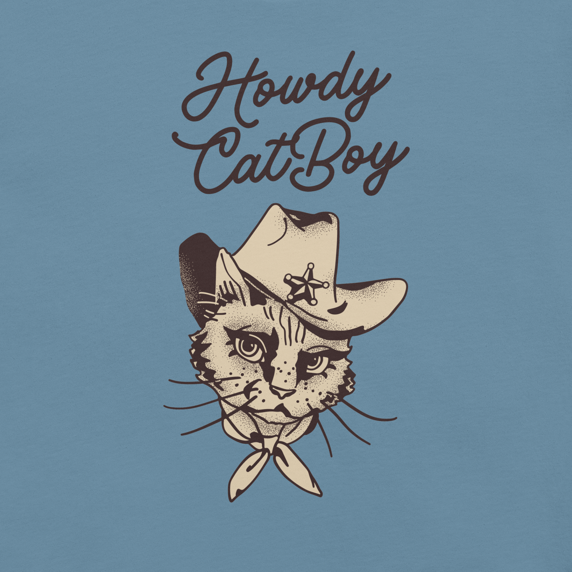 Close-up of blue Milk Sandwich T-shirt with Howdy CatBoy text and detailed illustration of a cowboy cat wearing a hat and bandana.