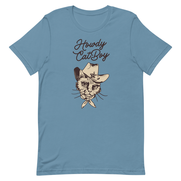 Flat lay of blue Milk Sandwich T-shirt featuring Howdy CatBoy text and a vintage-style cowboy cat graphic with hat and bandana on white background