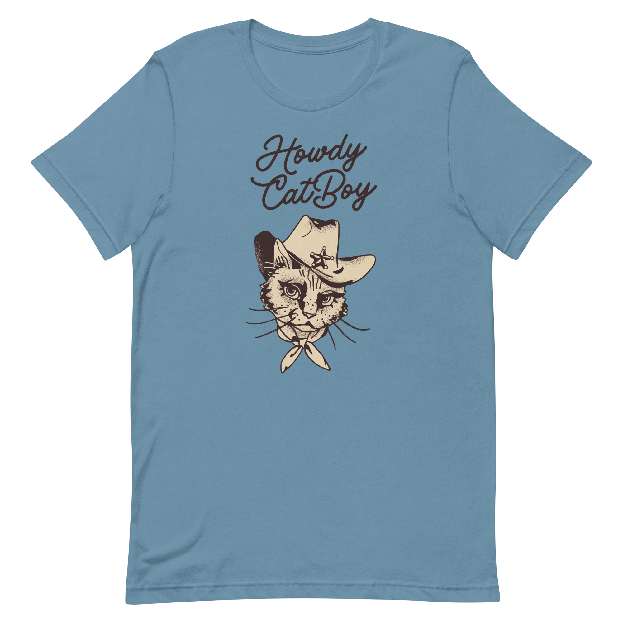 Flat lay of blue Milk Sandwich T-shirt featuring Howdy CatBoy text and a vintage-style cowboy cat graphic with hat and bandana on white background