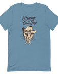 Flat lay of blue Milk Sandwich T-shirt featuring Howdy CatBoy text and a vintage-style cowboy cat graphic with hat and bandana on white background