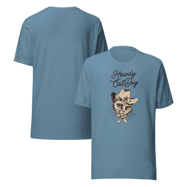 Front and back view of blue Milk Sandwich T-shirt featuring Howdy CatBoy text and illustrated cowboy cat graphic, unisex novelty tee on white background