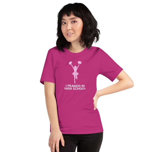 Unisex berry Milk Sandwich T-shirt with "I Peaked in High School" graphic, perfect blend of comfort and style for everyday wear.