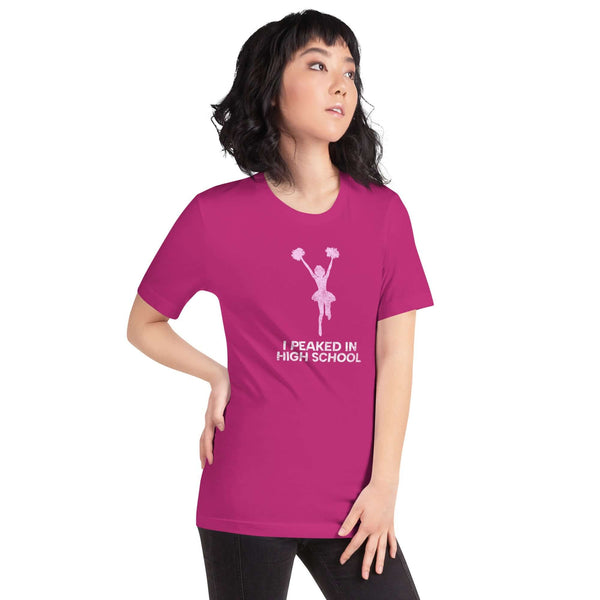 Soft berry unisex Milk Sandwich T-shirt  with "I Peaked in High School" graphic, perfect for nostalgia and fun fashion.