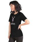 Unisex "I Peaked in High School" Milk Sandwich T-shirt displayed on a woman, showcasing a fun cheerleading design in dark color.