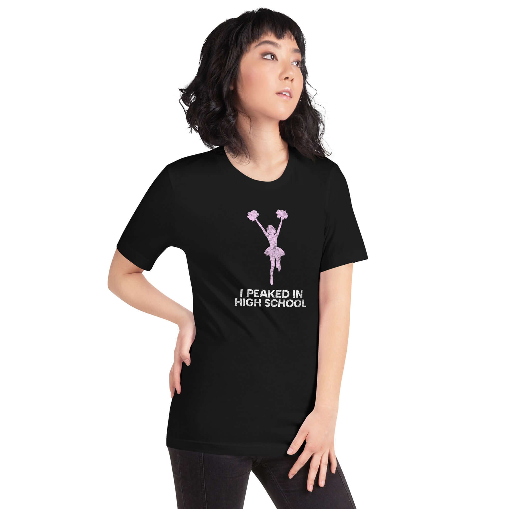 Unisex black Milk Sandwich T-shirt featuring "I Peaked in High School" with a cheerful graphic, perfect for nostalgic casual wear.