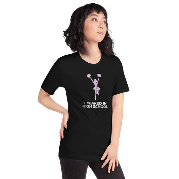 Unisex black Milk Sandwich T-shirt featuring "I Peaked in High School" with a cheerful graphic, perfect for nostalgic casual wear.