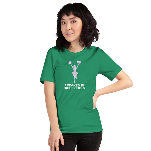 Unisex green Milk Sandwich T-shirt featuring "I Peaked in High School" design, perfect for nostalgic cheer fans and everyday comfort.