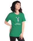 Model wearing green unisex Milk Sandwich T-shirt that reads "I Peaked in High School" with a cheerful illustration.