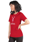 Young woman in a red Milk Sandwich T-shirt with "I Peaked in High School" print, showcasing a fun and casual style.