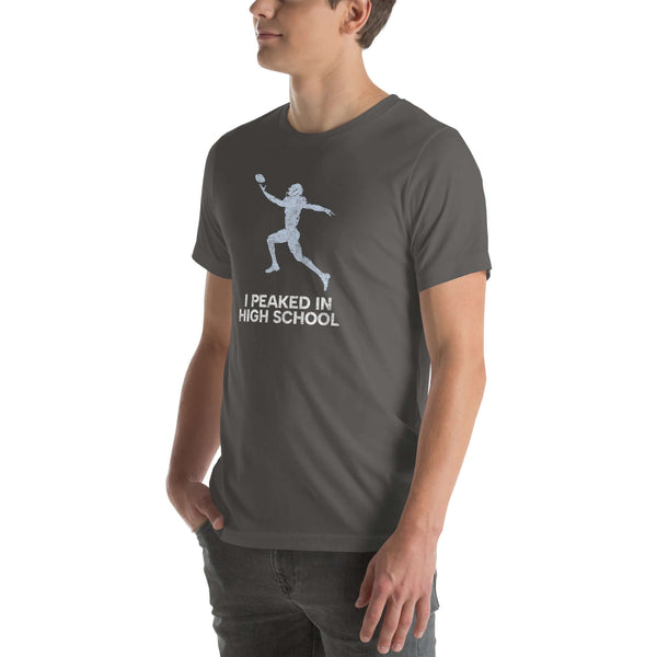 asphalt Milk Sandwich unisex t-shirt featuring "I Peaked In High School Football" slogan and a football player graphic, perfect for sports fans and nostalgic moments.