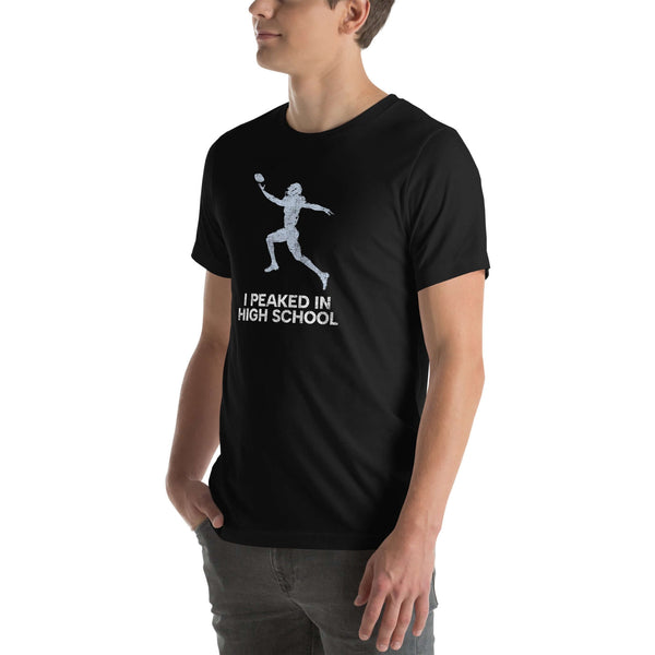 Unisex Milk Sandwich T-shirt featuring "I Peaked In High School" graphic, perfect for sports fans and tailgating events.