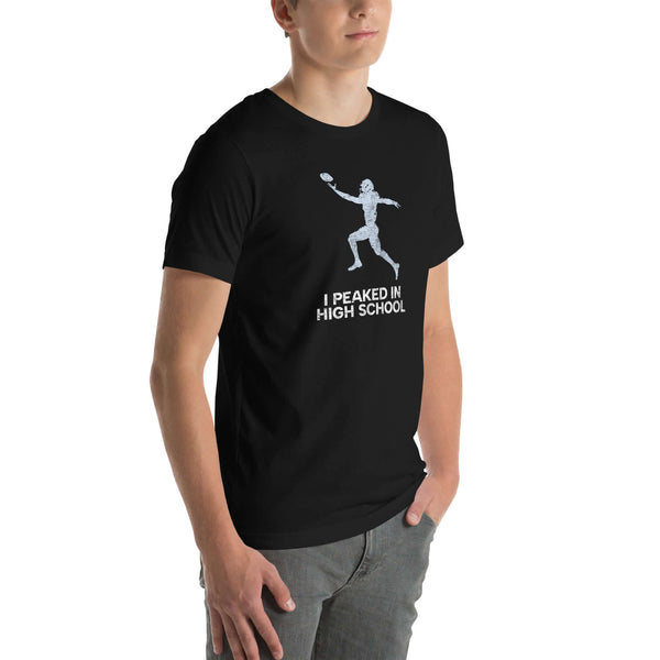 Casual unisex Milk Sandwich T-shirt featuring "I Peaked In High School" design, perfect for sports fans and nostalgic moments.