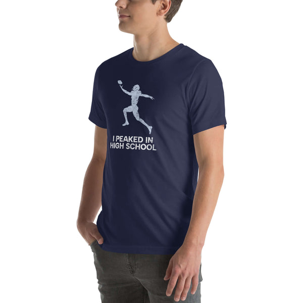 Unisex navy Milk Sandwich T-shirt featuring "I Peaked in High School" graphic, perfect for sports fans and nostalgic moments.