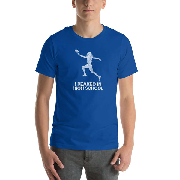true royal Milk Sandwich unisex t-shirt featuring "I Peaked In High School" design, perfect for sports lovers and nostalgic fans.