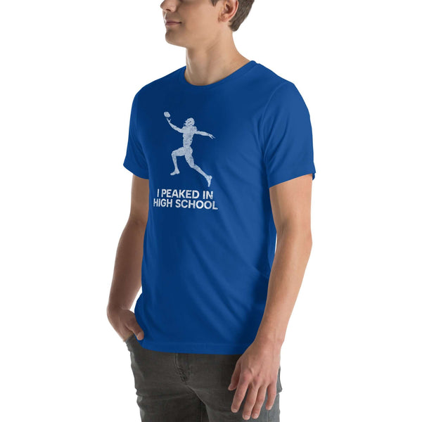 true royal Milk Sandwich unisex t-shirt featuring "I Peaked In High School Football" graphic, perfect for sports fans and nostalgia lovers.
