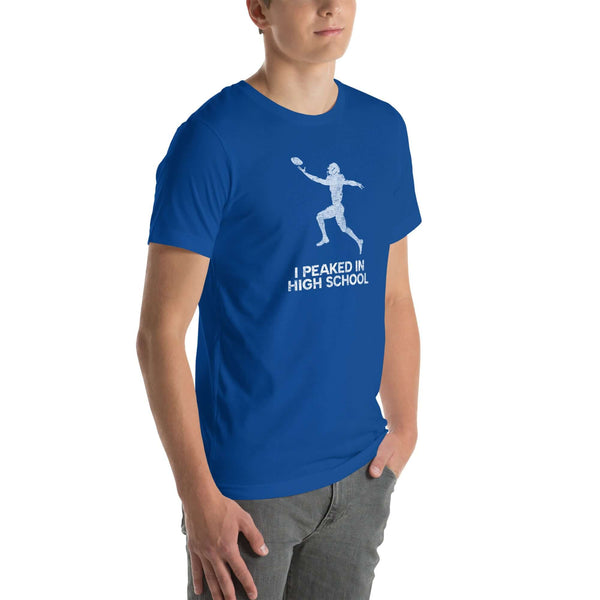 true royal Milk Sandwich unisex t-shirt featuring "I Peaked in High School" slogan, perfect for sports lovers and nostalgic moments.