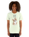 Unisex mint green Milk Sandwich T-shirt featuring the playful phrase "I'm High, Can I Pet Your Dog?" with a cute corgi illustration.