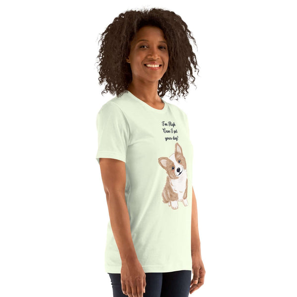 Unisex soft mint Milk Sandwich T-shirt featuring a cute corgi and the phrase "I'm High, Can I Pet Your Dog?" for dog lovers.