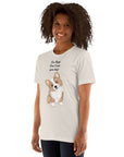 Unisex Milk Sandwich T-shirt  featuring "I'm High, Can I Pet Your Dog?" with a cute corgi design, model wearing it. Soft and stylish.