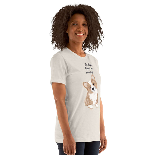 Woman wearing a soft unisexMilk Sandwich T-shirt with a cute corgi design and the phrase "I'm High, Can I Pet Your Dog."