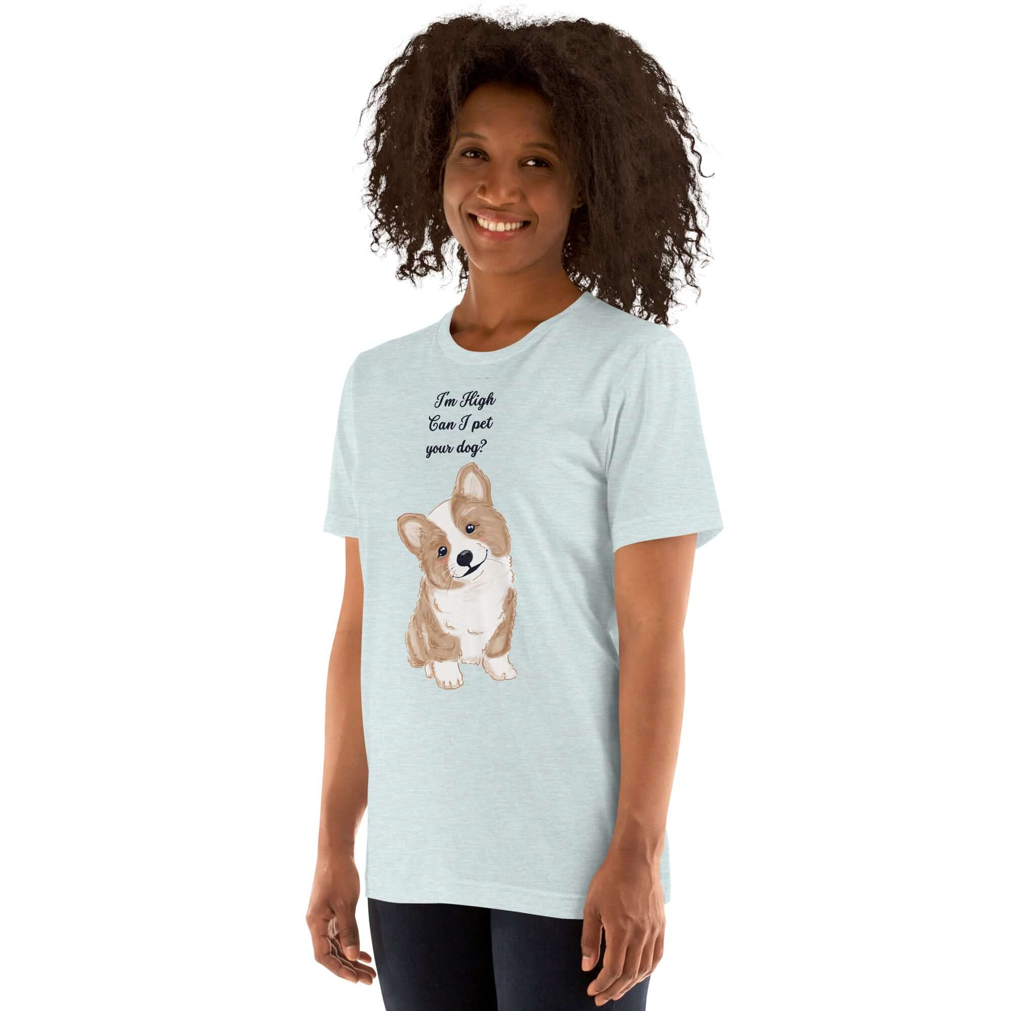 Unisex Milk Sandwich T-shirt featuring "I'm High, Can I Pet Your Dog" design with a cute corgi, perfect for dog lovers and casual wear.