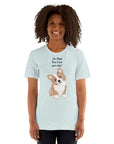 Woman wearing a light blue Milk Sandwich T-shirt with "I'm High, Can I pet your dog?" text and a cute corgi illustration.