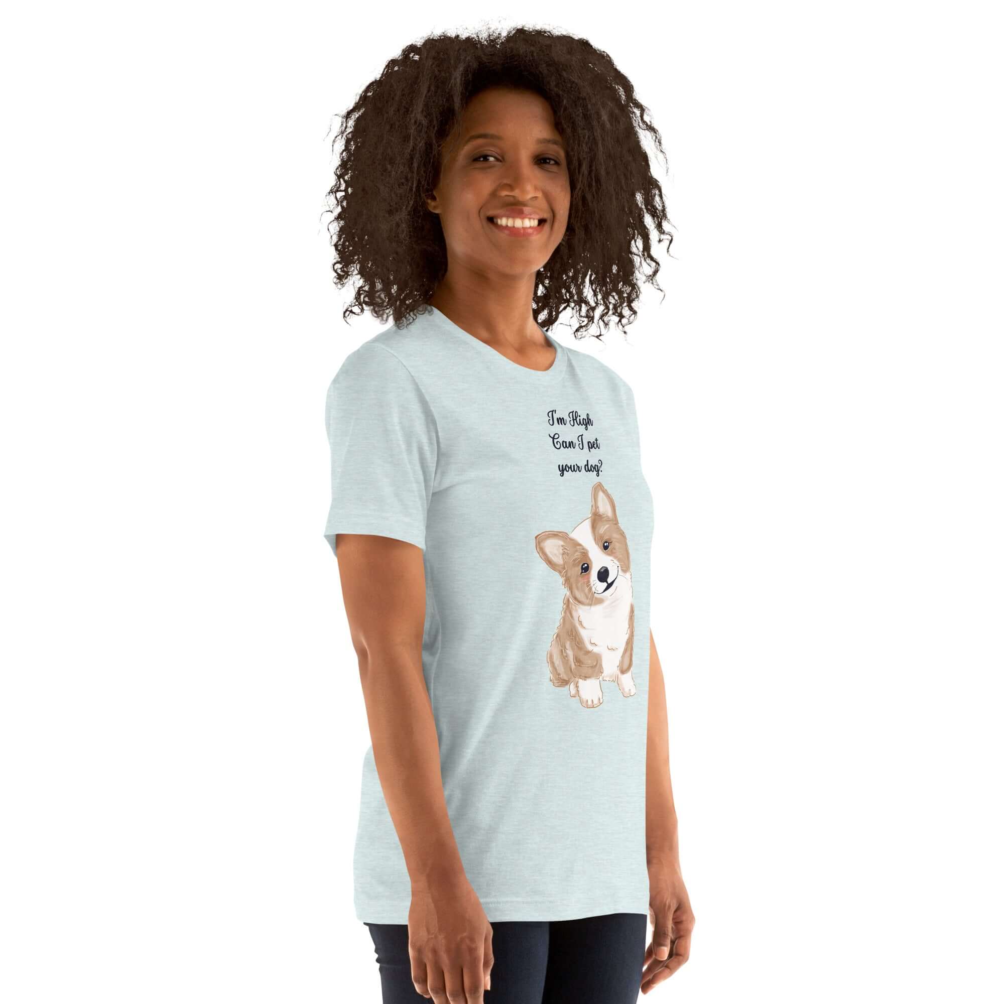 Unisex Milk Sandwich T-shirt with "I'm High, Can I Pet Your Dog" text and a cute corgi design, worn by a smiling model.