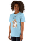Unisex blue Milk Sandwich T-shirt  with "I'm High, Can I Pet Your Dog?" text and a cute corgi illustration, perfect for dog lovers.