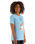 Unisex Milk Sandwich T-shirt  featuring a cute corgi design with the phrase "I'm High, Can I Pet Your Dog?" displayed on a light blue background.