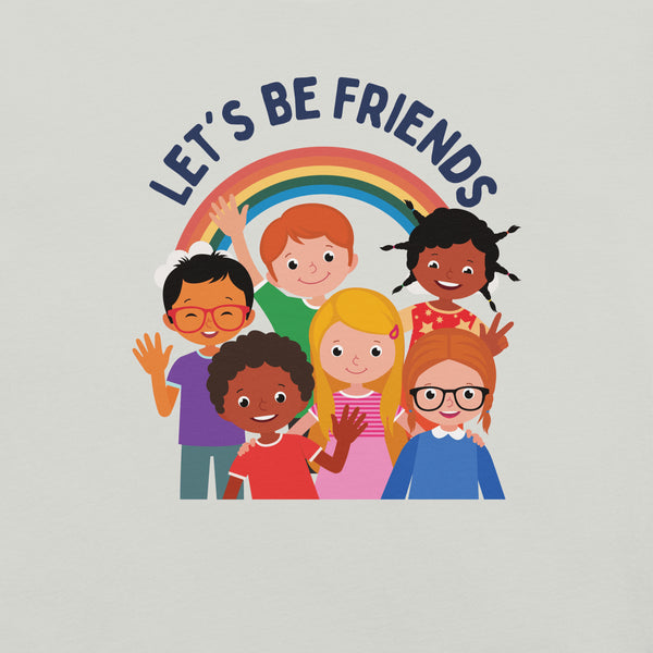 Close-up of a ash Milk Sandwich t-shirt with a colorful print showing six diverse cartoon children smiling and waving under a rainbow, with the text "LET'S BE FRIENDS" above them.