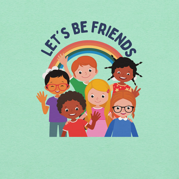 Close-up of a mint Milk Sandwich t-shirt with a colorful print showing six diverse cartoon children smiling and waving under a rainbow, with the text "LET'S BE FRIENDS" above them.