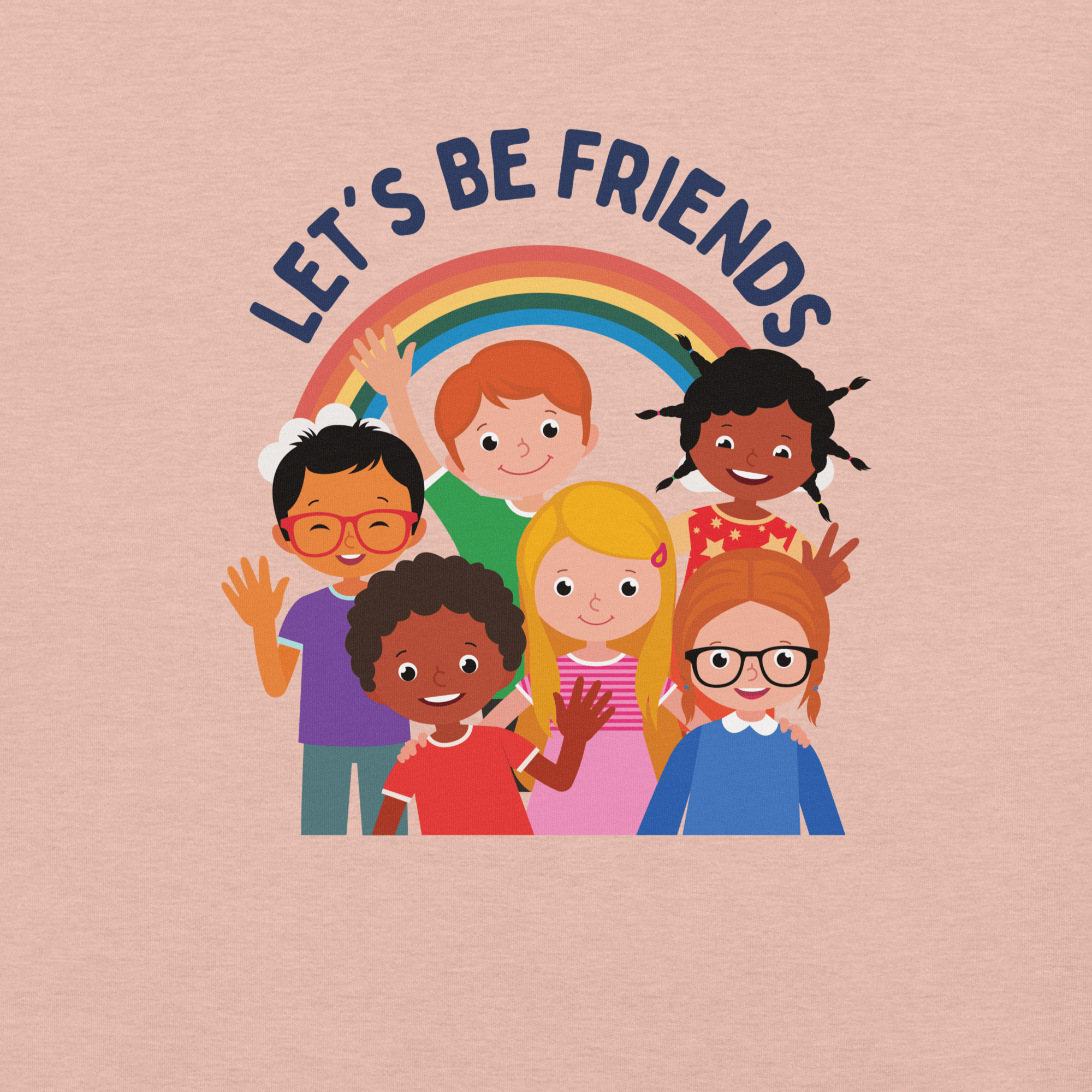 Close-up of a peachy Milk Sandwich t-shirt with a colorful print showing six diverse cartoon children smiling and waving under a rainbow, with the text "LET'S BE FRIENDS" above them.