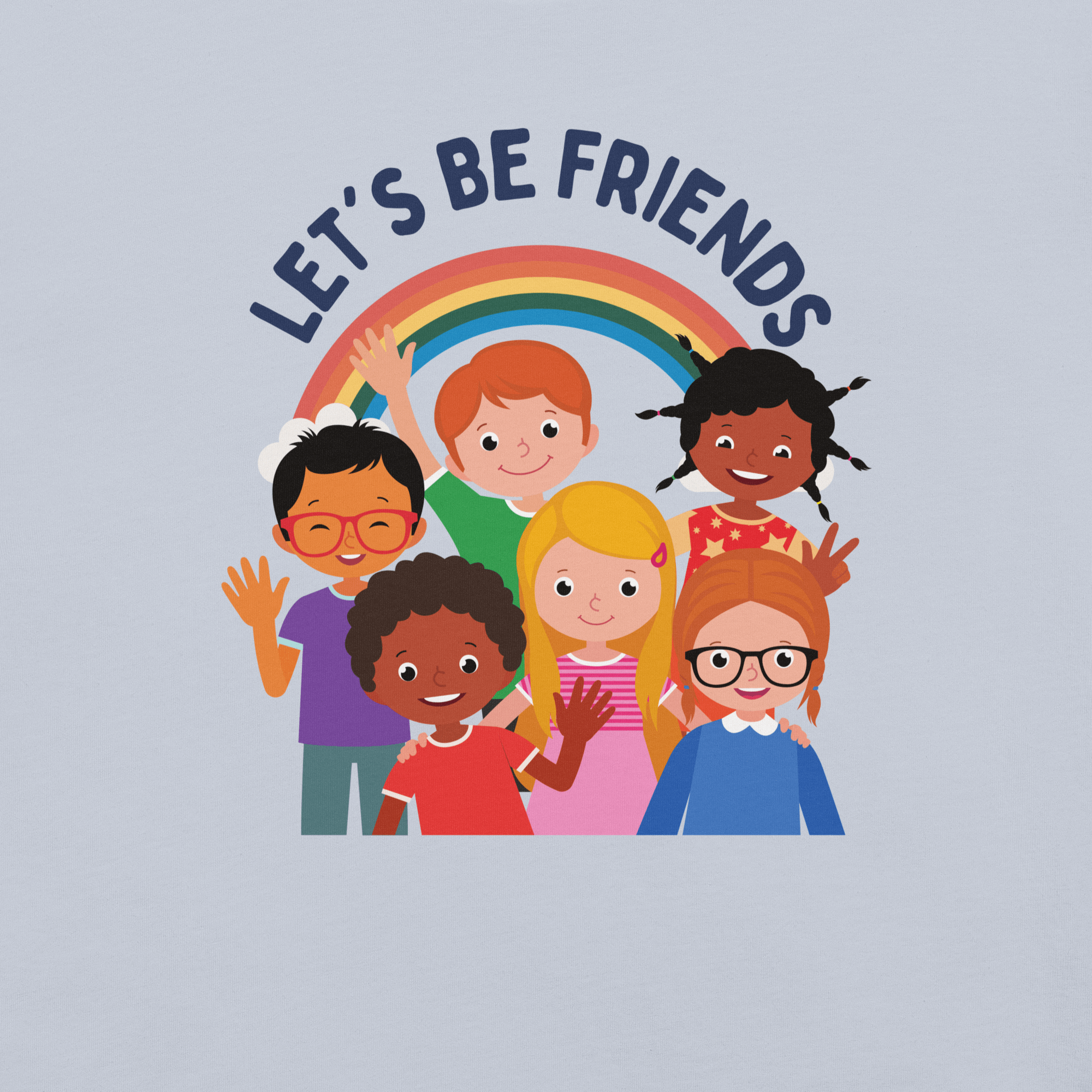 Close-up of a light blue Milk Sandwich t-shirt with a colorful print showing six diverse cartoon children smiling and waving under a rainbow, with the text "LET'S BE FRIENDS" above them.
