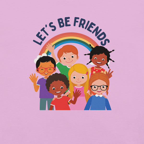 Close-up of a lilac Milk Sandwich t-shirt with a colorful print showing six diverse cartoon children smiling and waving under a rainbow, with the text "LET'S BE FRIENDS" above them.