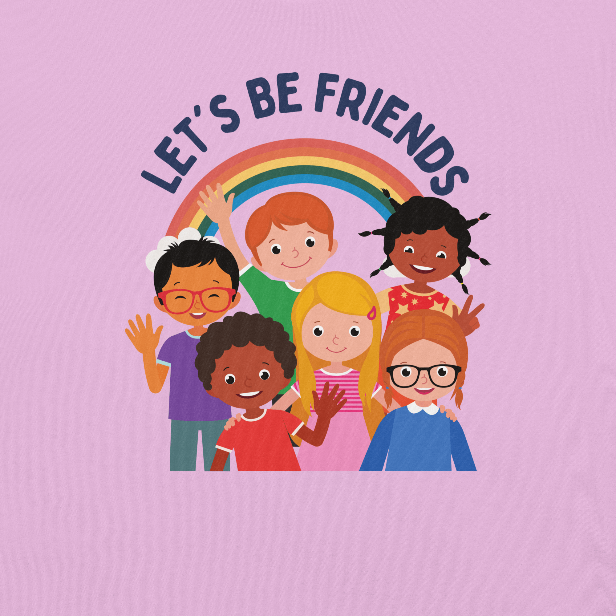 Close-up of a lilac Milk Sandwich t-shirt with a colorful print showing six diverse cartoon children smiling and waving under a rainbow, with the text "LET'S BE FRIENDS" above them.