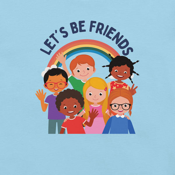 Close-up of a ocean blue Milk Sandwich t-shirt with a colorful print showing six diverse cartoon children smiling and waving under a rainbow, with the text "LET'S BE FRIENDS" above them.