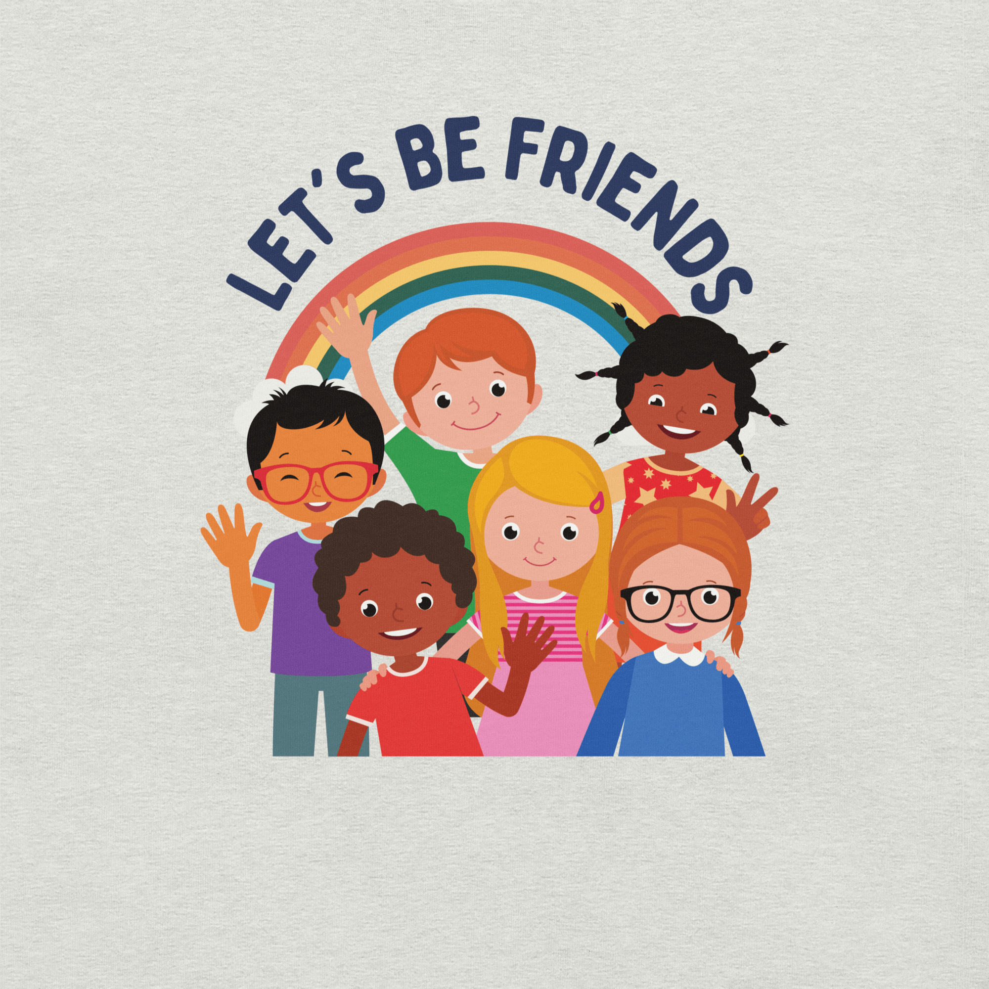 Close-up of a silver Milk Sandwich t-shirt with a colorful print showing six diverse cartoon children smiling and waving under a rainbow, with the text "LET'S BE FRIENDS" above them.